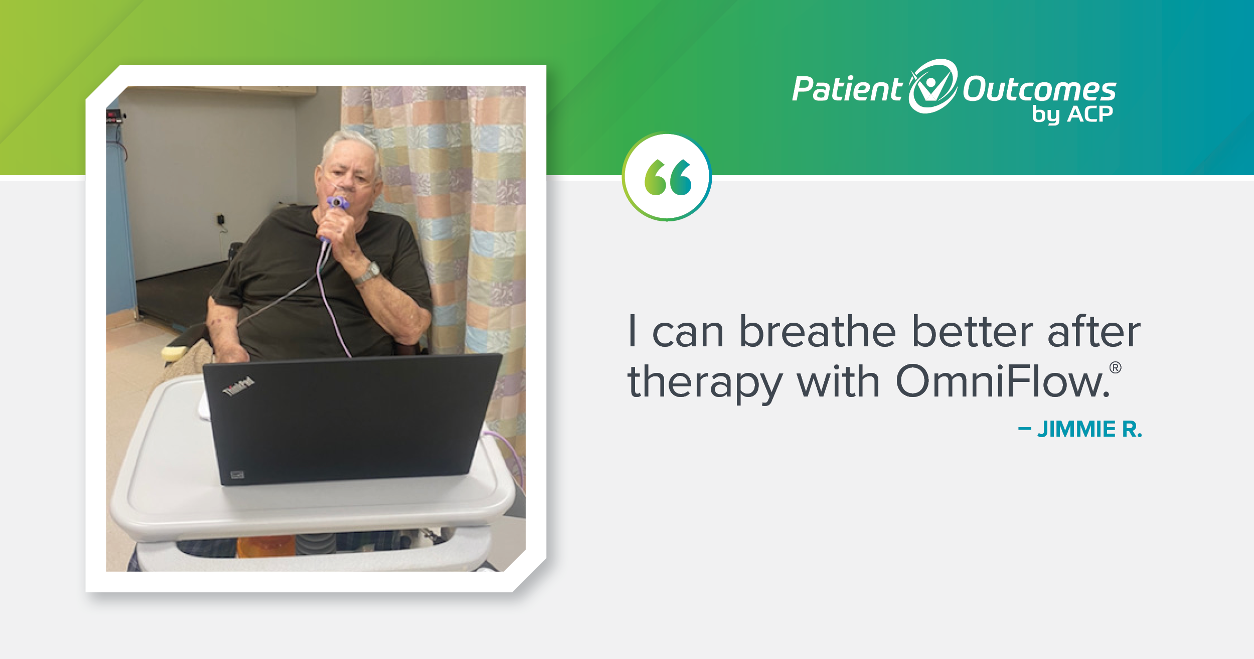 Image of Jimmie R., an older male patient, using Accelerated Care Plus' OmniFlow Breathing Therapy Biofeedback System.
