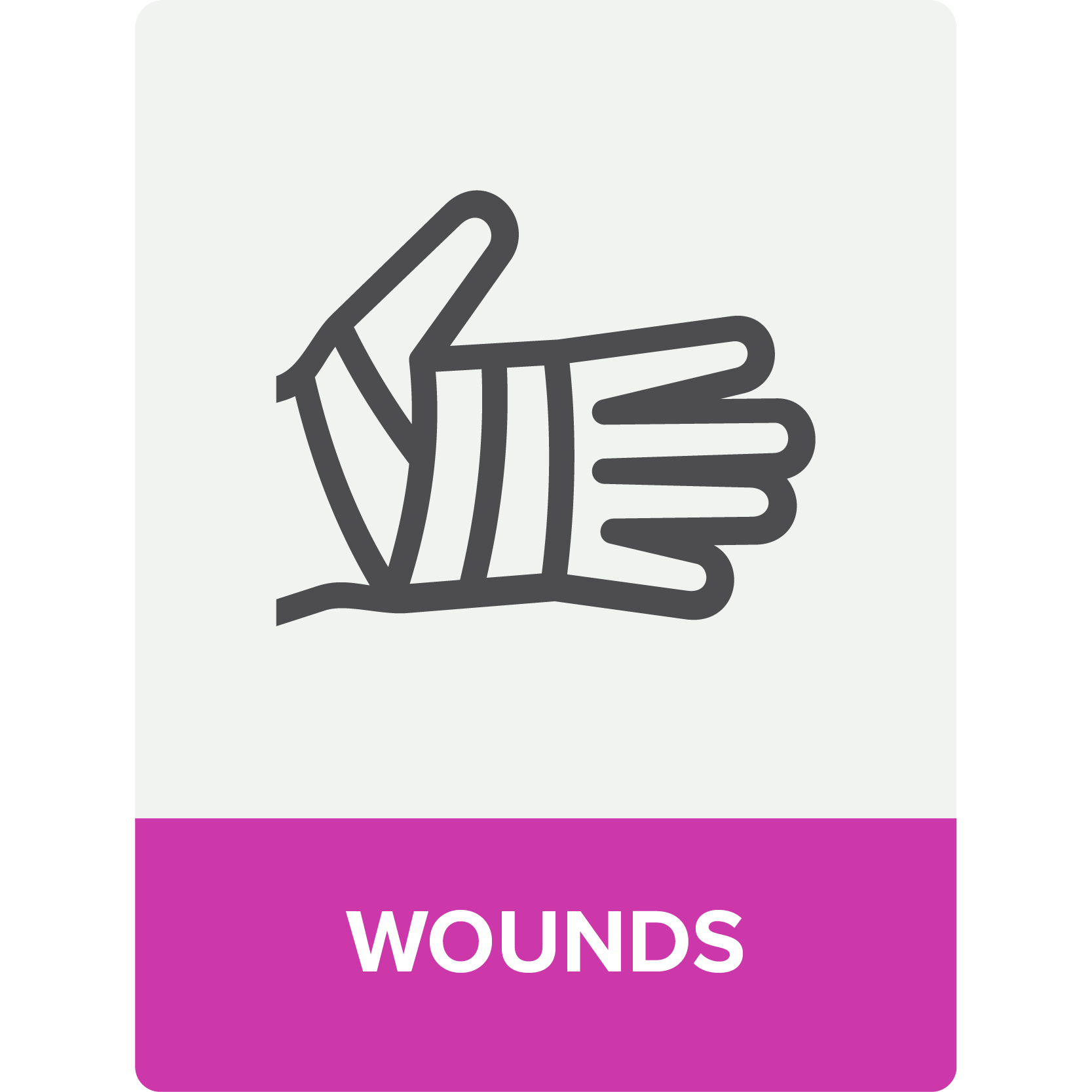 icon of hand wrapped in bandage with the words "wound management" on a purple background below the icon